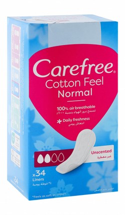 Carefree Small to Medium Unscented Cotton Pantyliners - dyes free, chlorine bleaching free