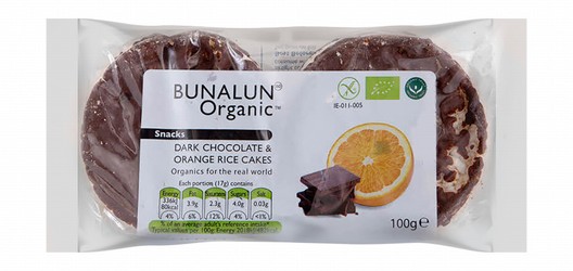 Bunalun Organic Rice Cakes with Dark Chocolate & Orange - GMO free, gluten free