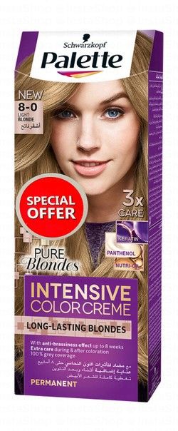 Schwarzkopf Palette Intensive Permanent Hair Color Cream with Keratin, Panthenol & Nutri-Oil Light Blonde 8-0 (Special Offer)