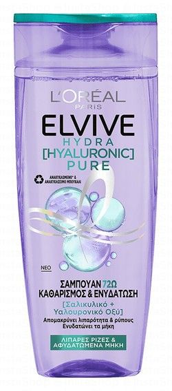 L'Oreal Elvive Hydra Pure 72H Purifying Shampoo with Salicylic & Hyaluronic Acids for Oily Scalp & Dehydrated Lengths